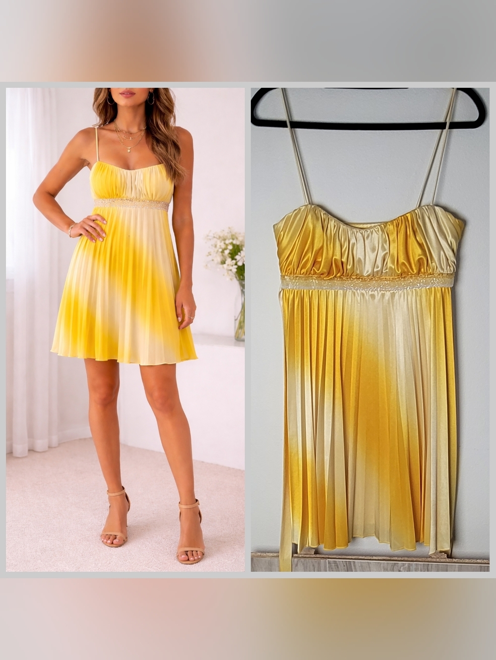 Yellow Ombre Pleated Spaghetti Strap Dress Beaded Empire Waist Women’s Size L
